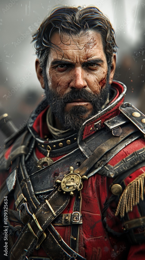 Fototapeta premium A fierce warrior adorned in battle-worn armor stands resolute among the chaos of a tumultuous battlefield, showcasing determination and strength in the heart of conflict