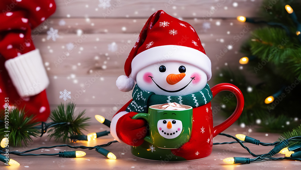 A snowman in a red hat holds a green mug with hot chocolate and marshmallows. A snowman in a red hat holds a green mug with hot chocolate and marshmallows.