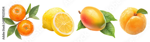 Assorted fresh fruits isolated on transparent background. Realistic illustration. Healthy eating and organic produce concept. Clipart for cookbook, menu, and greengrocery store advertising.