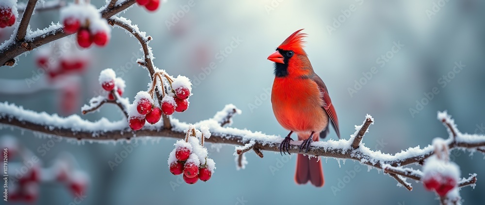 Red cardinal bird on a frosty tree branch with snow red berries in winter. Red cardinal bird on a frosty tree branch with snow red berries in winter.