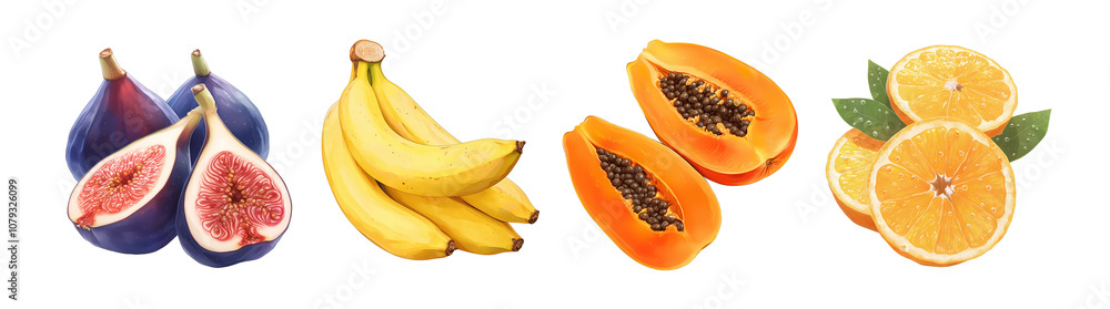 Assorted fresh fruits isolated on transparent background. Realistic illustration. Healthy eating and organic produce concept. Clipart for cookbook, menu, and greengrocery store advertising.