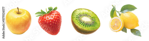 Assorted fresh fruits isolated on transparent background. Realistic illustration. Healthy eating and organic produce concept. Clipart for cookbook, menu, and greengrocery store advertising.