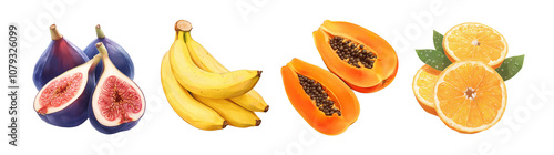 Assorted fresh fruits isolated on transparent background. Realistic illustration. Healthy eating and organic produce concept. Clipart for cookbook, menu, and greengrocery store advertising.