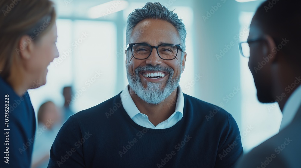 In a contemporary office environment, a man with glasses and a beard smiles joyfully while engaged in conversation with two colleagues, fostering a positive atmosphere of collaboration In a contemporary office environment, a man with glasses and a beard smiles joyfully while engaged in conversation with two colleagues, fostering a positive atmosphere of collaboration