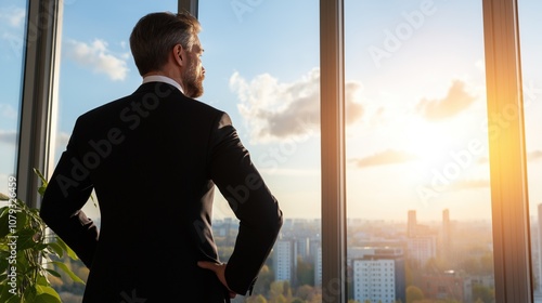 man in a suit stands by large windows, admiring a vibrant sunrise over the city skyline as the day begins, reflecting on new opportunities ahead