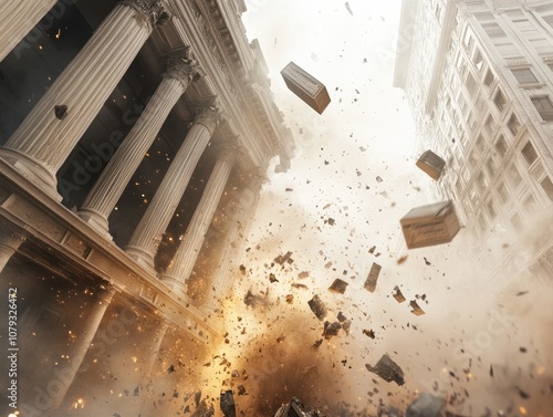 Dust and debris are flying through the air as a bank collapses during a financial crisis