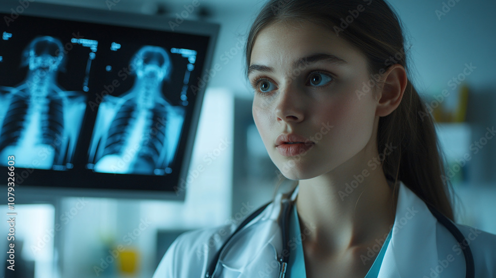 A Young Medical Professional Closely Examines an X-ray Display in a Well-Lit Clinical Environment, Reflecting on Patient Care and Diagnostic Processes