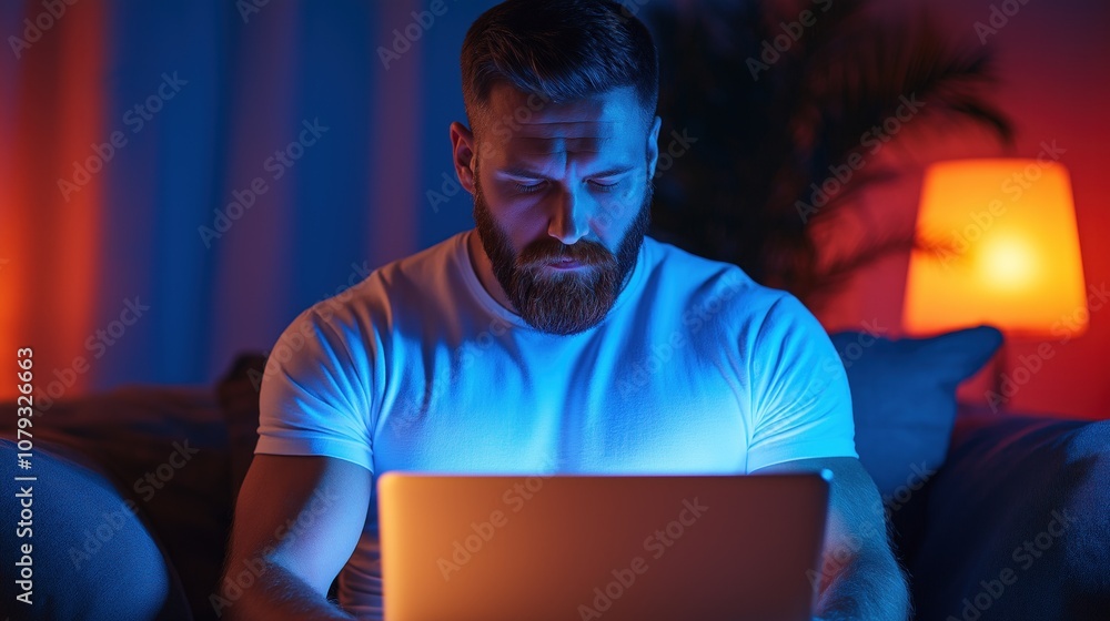 man sits intently in a cozy space, illuminated by soft, colorful lights while working on his laptop late at night, showcasing concentration and technology use man sits intently in a cozy space, illuminated by soft, colorful lights while working on his laptop late at night, showcasing concentration and technology use