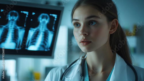 Obraz na płótnie A Young Medical Professional Closely Examines an X-ray Display in a Well-Lit Clinical Environment, Reflecting on Patient Care and Diagnostic Processes w salonie