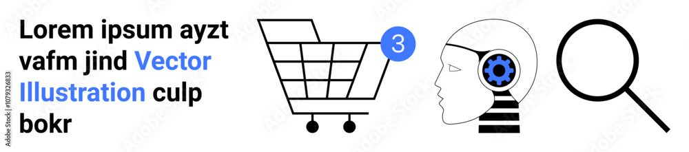 Shopping cart with notification, AI profile with gear, magnifying glass. Ideal for e-commerce, AI integration, search optimization, digital marketing, online shopping, technology, user interface Shopping cart with notification, AI profile with gear, magnifying glass. Ideal for e-commerce, AI integration, search optimization, digital marketing, online shopping, technology, user interface