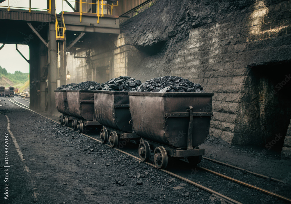 Coal carts loaded with black coal navigate the tracks inside a dimly lit mining facility during the workday Coal carts loaded with black coal navigate the tracks inside a dimly lit mining facility during the workday