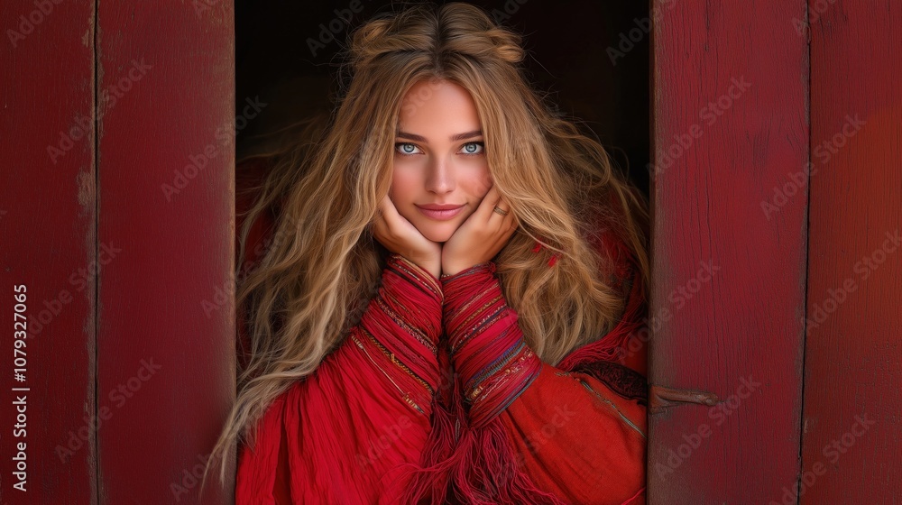 captivating young woman with long hair and striking blue eyes gently holds her face while wearing a vibrant red shawl. She exudes warmth and charm in this serene outdoor environment captivating young woman with long hair and striking blue eyes gently holds her face while wearing a vibrant red shawl. She exudes warmth and charm in this serene outdoor environment
