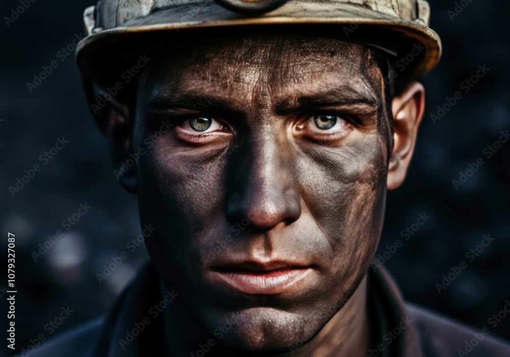 A young miner with a serious expression and coal dust covering his face, captured underground during work in a coal mine A young miner with a serious expression and coal dust covering his face, captured underground during work in a coal mine