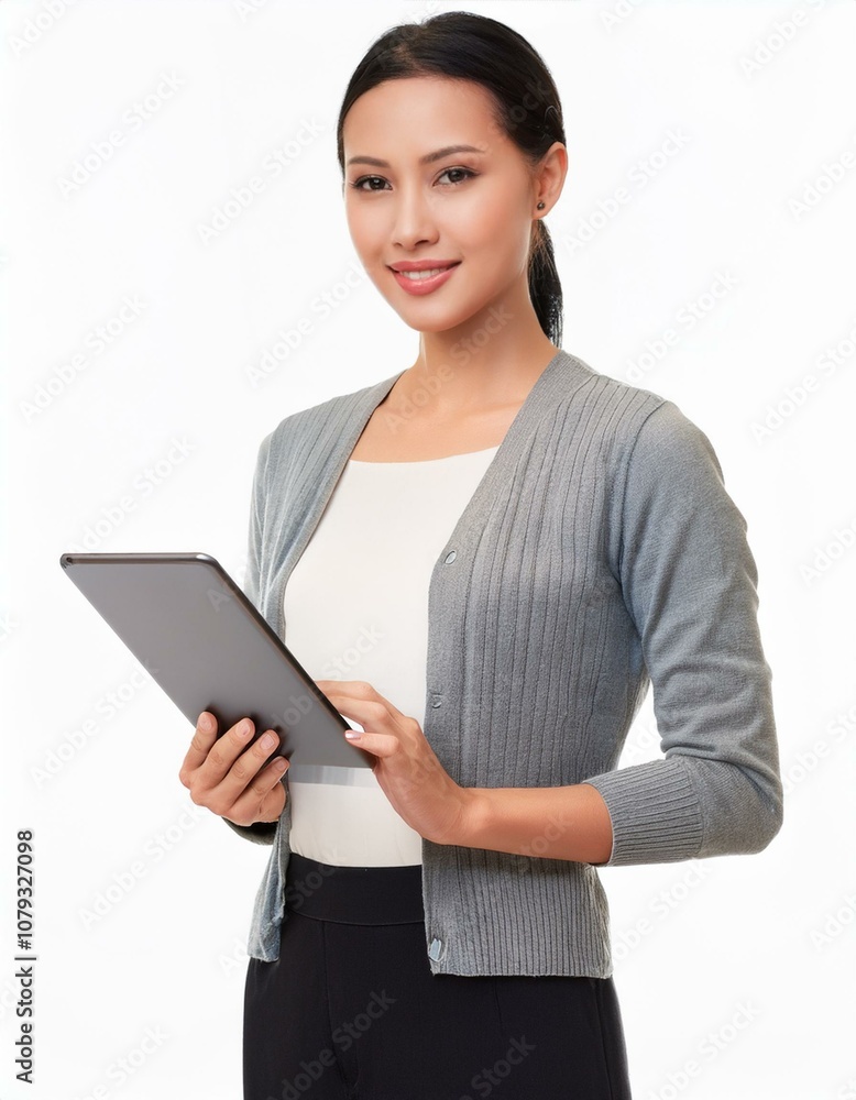 Woman holding a digital tablet isolated on white background. Woman holding a digital tablet isolated on white background.