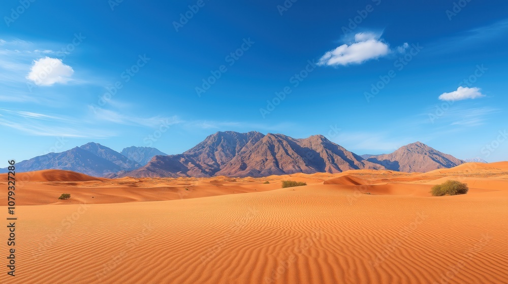 vast desert features undulating sand dunes in warm hues, with a backdrop of rugged mountains under a bright blue sky. Soft clouds enhance the serene afternoon ambiance