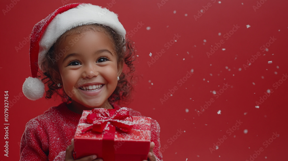 A Joyful Child Wearing a Santa Hat Holds a Festive Gift While Surrounded by Falling Snowflakes Against a Vibrant Red Background During the Holiday Season A Joyful Child Wearing a Santa Hat Holds a Festive Gift While Surrounded by Falling Snowflakes Against a Vibrant Red Background During the Holiday Season