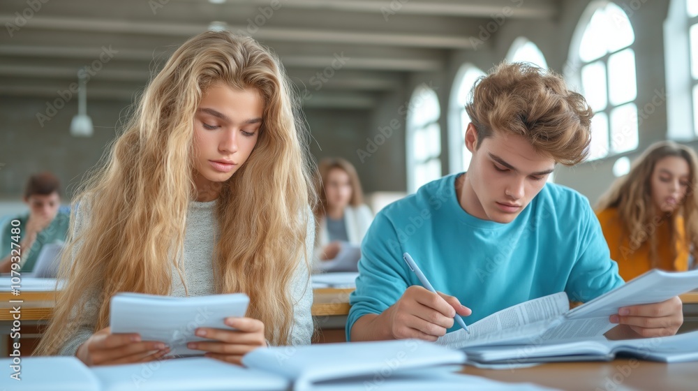 Two students concentrate on their assignments in a spacious classroom filled with natural light, surrounded by classmates who are equally immersed in their work Two students concentrate on their assignments in a spacious classroom filled with natural light, surrounded by classmates who are equally immersed in their work