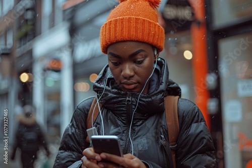 Dressed warmly in a black jacket and bright orange beanie, a young woman looks at her smartphone with earbuds in her ears, surrounded by a bustling city atmosphere in winter photo