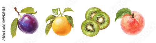 Assorted fresh fruits isolated on transparent background. Realistic illustration. Healthy eating and organic produce concept. Clipart for cookbook, menu, and grocery store advertising.