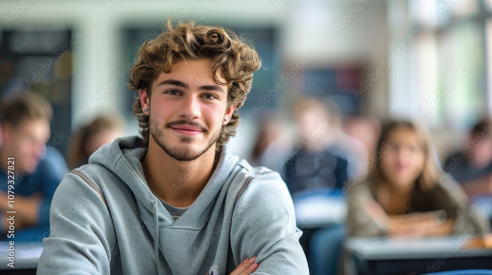 Bright and determined young man, showcasing intelligence and readiness, seated in a university classroom setting Bright and determined young man, showcasing intelligence and readiness, seated in a university classroom setting