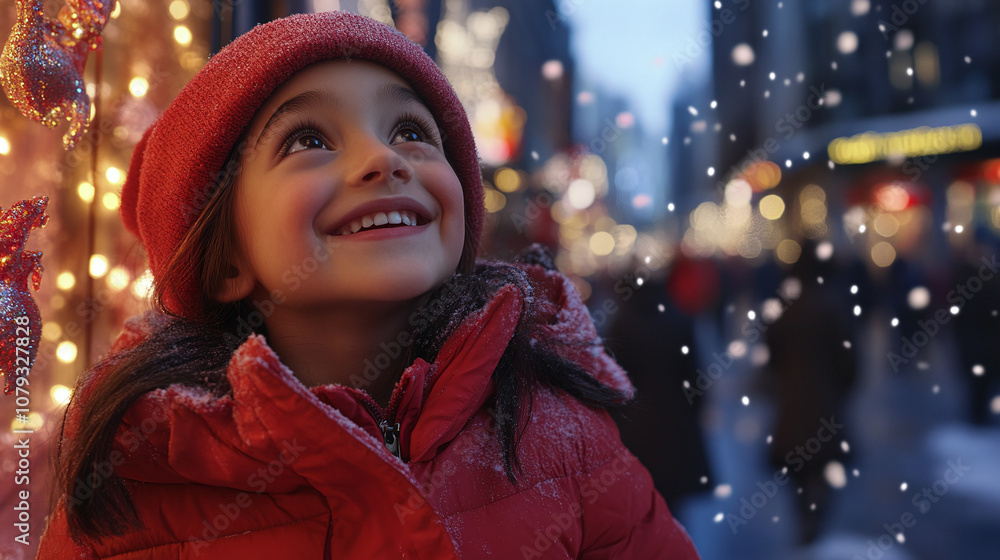A Joyful Young Girl in a Red Winter Coat and Hat Smiles up at the Falling Snow While Enjoying Holiday Lights on a Bustling City Street During the Evening A Joyful Young Girl in a Red Winter Coat and Hat Smiles up at the Falling Snow While Enjoying Holiday Lights on a Bustling City Street During the Evening