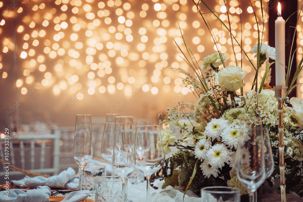 festive party wedding christmas table setup decoration flowers glasses light background