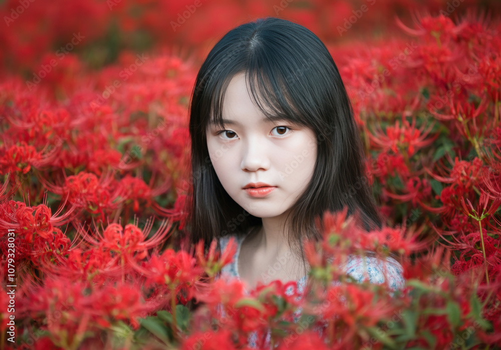 Naklejka premium A young woman gazes thoughtfully while surrounded by vibrant red spider lilies at dusk in a tranquil garden