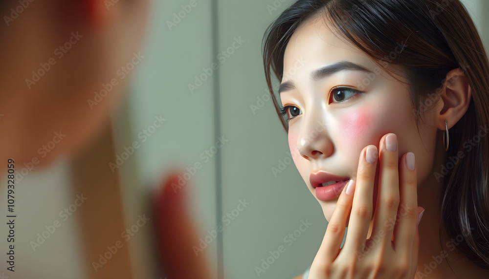 Sensitive skin with cosmetology, Asian young woman looking at red spot on her face from cosmetic allergy in the mirror isolated with white highlights, png Sensitive skin with cosmetology, Asian young woman looking at red spot on her face from cosmetic allergy in the mirror isolated with white highlights, png
