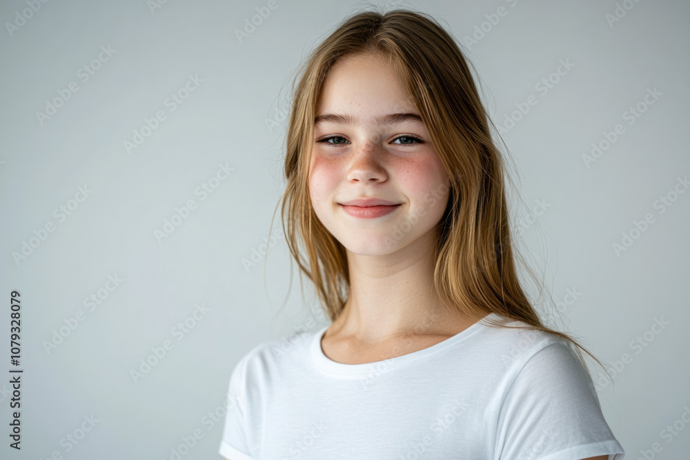 Young girl smiling with long hair in a bright indoor setting Young girl smiling with long hair in a bright indoor setting