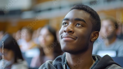 Bright and determined young man, showcasing intelligence and readiness, seated in a university classroom setting