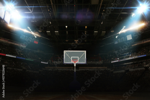 Basketball arena with basketball hoop with floodlights, creative idea. Sport game, concept. Winner. Basketball championship photo