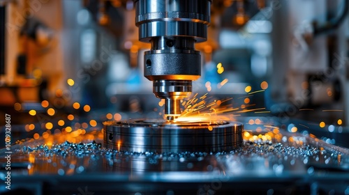 Closeup of a CNC machine drilling a metal part with sparks flying.