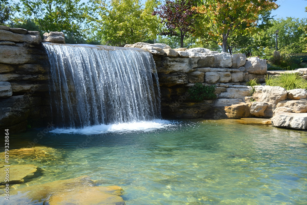 Naklejka premium The waterfall flows gracefully into a clear pond, creating a peaceful natural retreat
