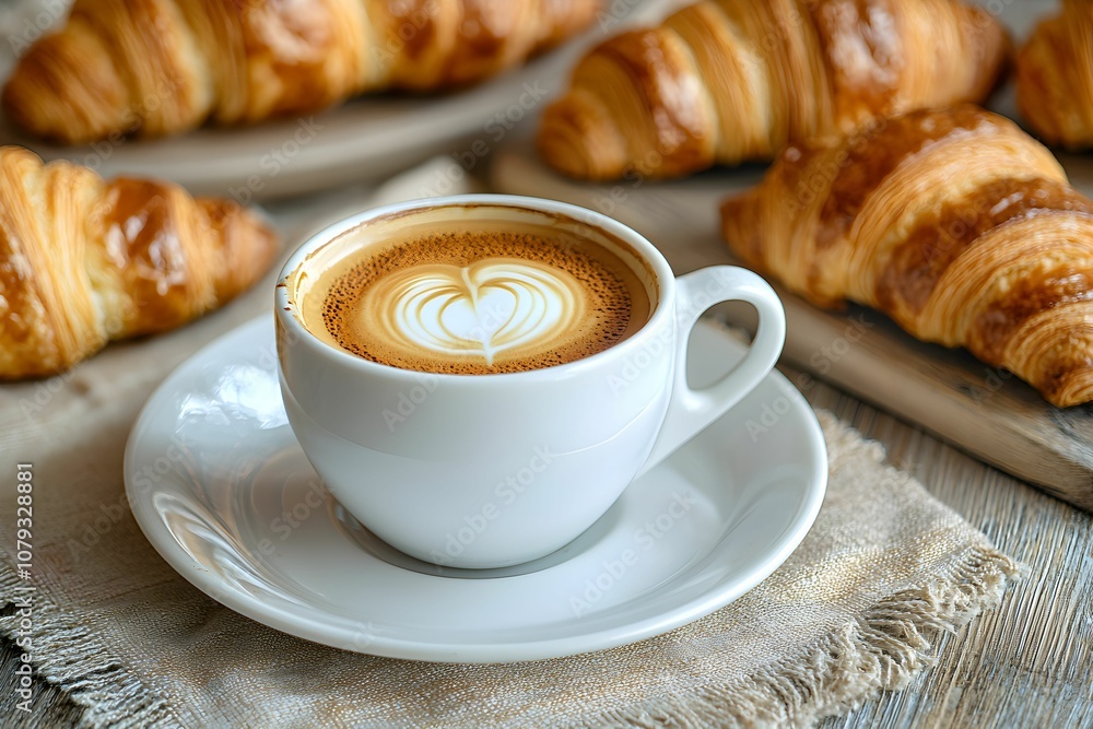 A cozy breakfast setting with coffee and fresh croissants A cozy breakfast setting with coffee and fresh croissants