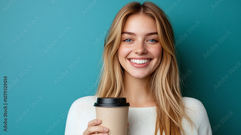A Young Woman With Long Blonde Hair Smiles Warmly While Holding a Coffee Cup Against a Vibrant Turquoise Background, Creating a Cheerful Atmosphere Perfect for Any Morning A Young Woman With Long Blonde Hair Smiles Warmly While Holding a Coffee Cup Against a Vibrant Turquoise Background, Creating a Cheerful Atmosphere Perfect for Any Morning