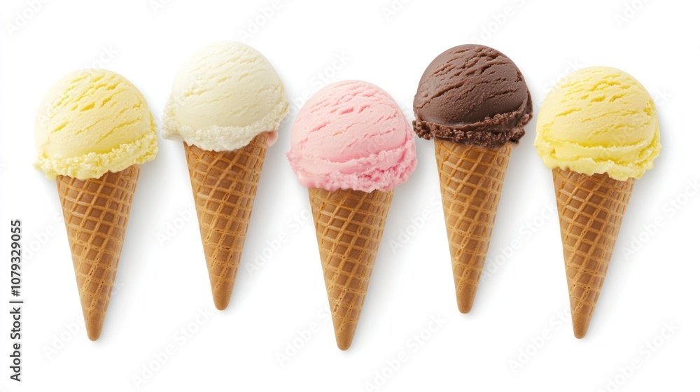 Five ice cream cones in various flavors on a white background. Five ice cream cones in various flavors on a white background.