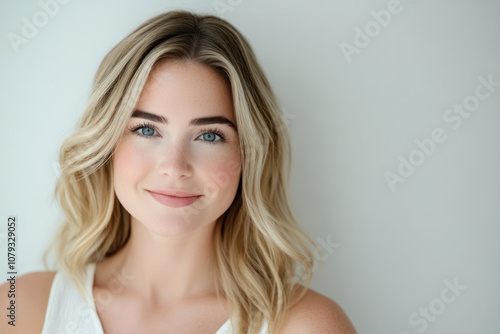 Young woman with blonde hair smiling warmly against a neutral background