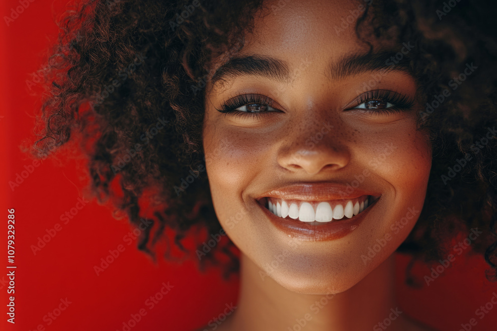 Young woman smiles brightly against a vibrant red background outdoors Young woman smiles brightly against a vibrant red background outdoors