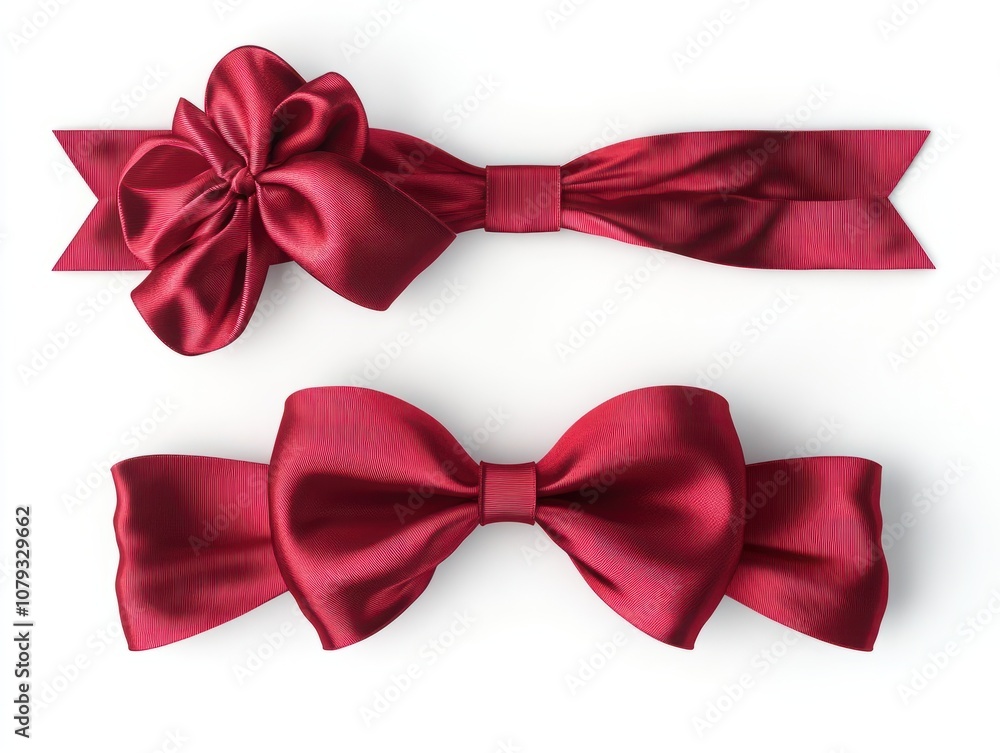 Naklejka premium Elegant red ribbon with a bow on a white background. Perfect for gift wrapping, decoration, and celebrations. High-quality stock photo.