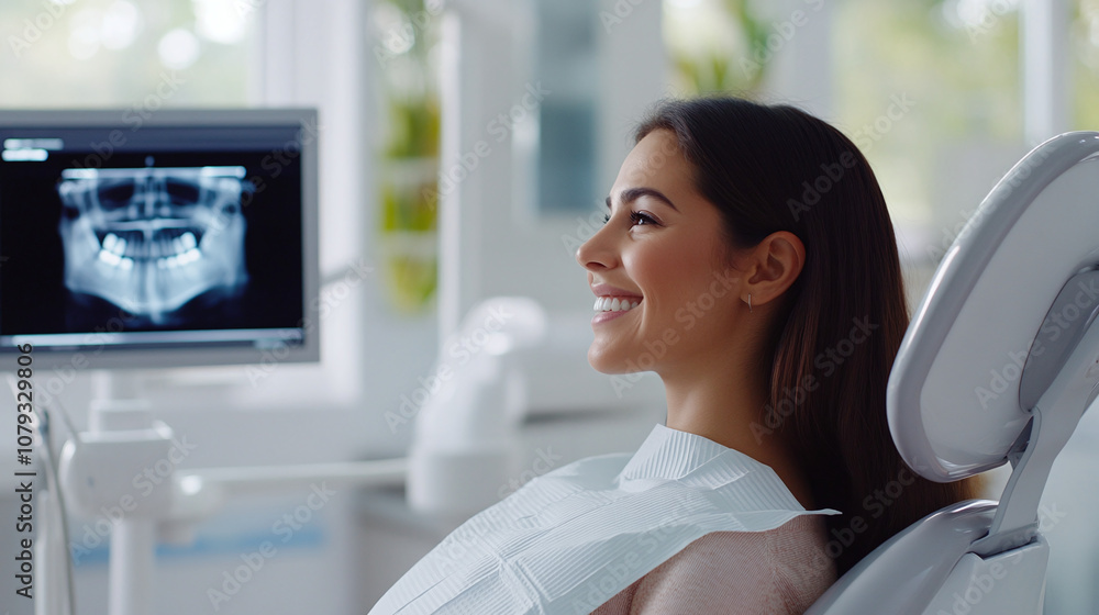 A Young Woman Smiles While Sitting in a Dental Chair During Her Dental Check-Up, With an X-ray Displayed on the Screen in the Bright and Modern Dental Clinic