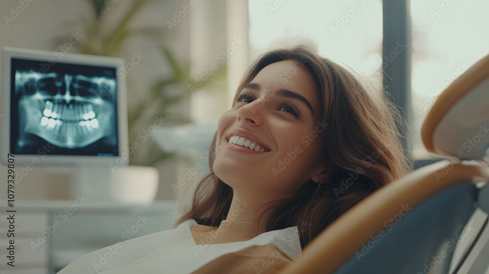 A Young Woman Smiles Confidently While Sitting in a Dental Chair, With a Dental X-ray Displayed on a Monitor in the Background at a Modern Dental Office