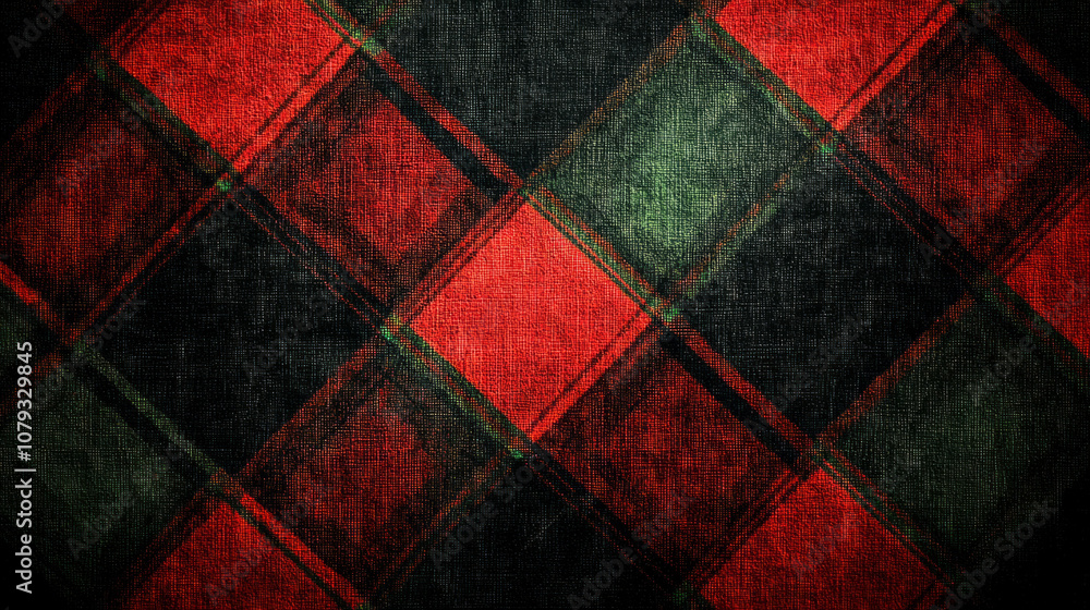 Textured red and green tartan pattern on dark background Textured red and green tartan pattern on dark background