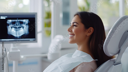 A Young Woman Smiles While Sitting in a Dental Chair During Her Dental Check-Up, With an X-ray Displayed on the Screen in the Bright and Modern Dental Clinic