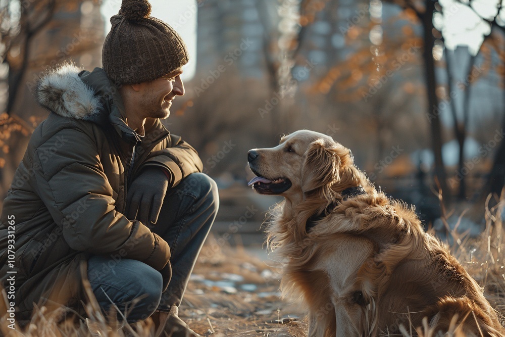 A person kneels down, smiling at their golden retriever in a city park. The warm colors of autumn foliage surround them, creating a calm, nurturing atmosphere in the late afternoon light A person kneels down, smiling at their golden retriever in a city park. The warm colors of autumn foliage surround them, creating a calm, nurturing atmosphere in the late afternoon light