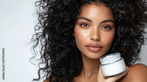 A Woman With Beautiful Curly Hair Holding a Jar of Moisturizer Against a Light Background, Showcasing Her Radiant Skin and Beauty