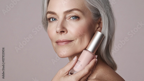 A Mature Woman With Silver Hair Demonstrates Skincare Application Using a Serum While Showcasing Her Glowing Complexion in a Minimalist Studio Setting