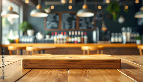 Empty wooden table for present product on coffee shop or soft drink bar blur background with bokeh image isolated with white highlights, png photo