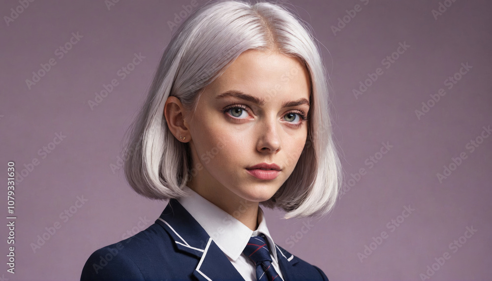 A young woman with platinum blonde hair poses in a blue blazer and white collared shirt with a tie, against a purple background A young woman with platinum blonde hair poses in a blue blazer and white collared shirt with a tie, against a purple background