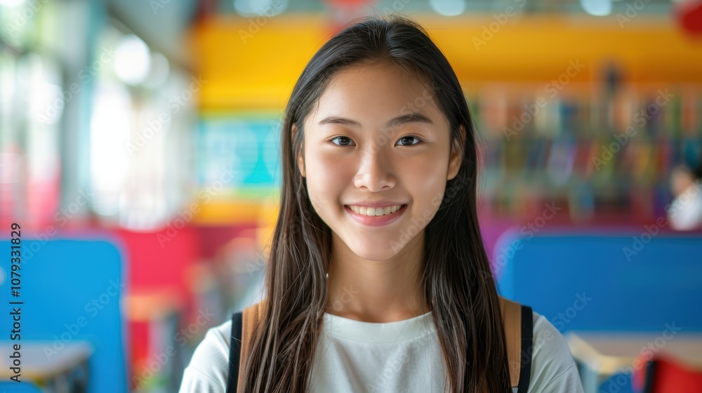 Amidst a spectrum of colors, a determined Asian student's poised posture signifies her dedication to academic excellence Amidst a spectrum of colors, a determined Asian student's poised posture signifies her dedication to academic excellence