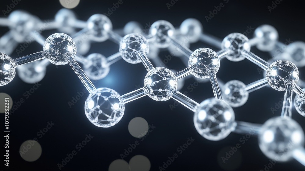 Close-up of a glowing molecular structure with interconnected spheres and rods on a dark background. Close-up of a glowing molecular structure with interconnected spheres and rods on a dark background.